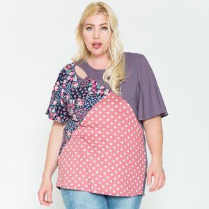 Plus Size Purple Polka Dot & Floral Color Block Summer Top
